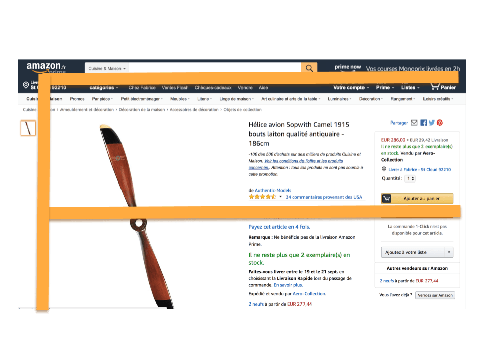 Détail produit Amazon, technique de product management pour attirer l'oeil de l'utilisateur là où l'on souhaite.