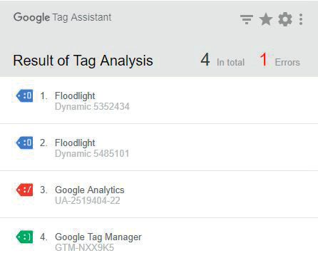 Rapport Google Tag Assistant présentant l'analyse de 4 tags 