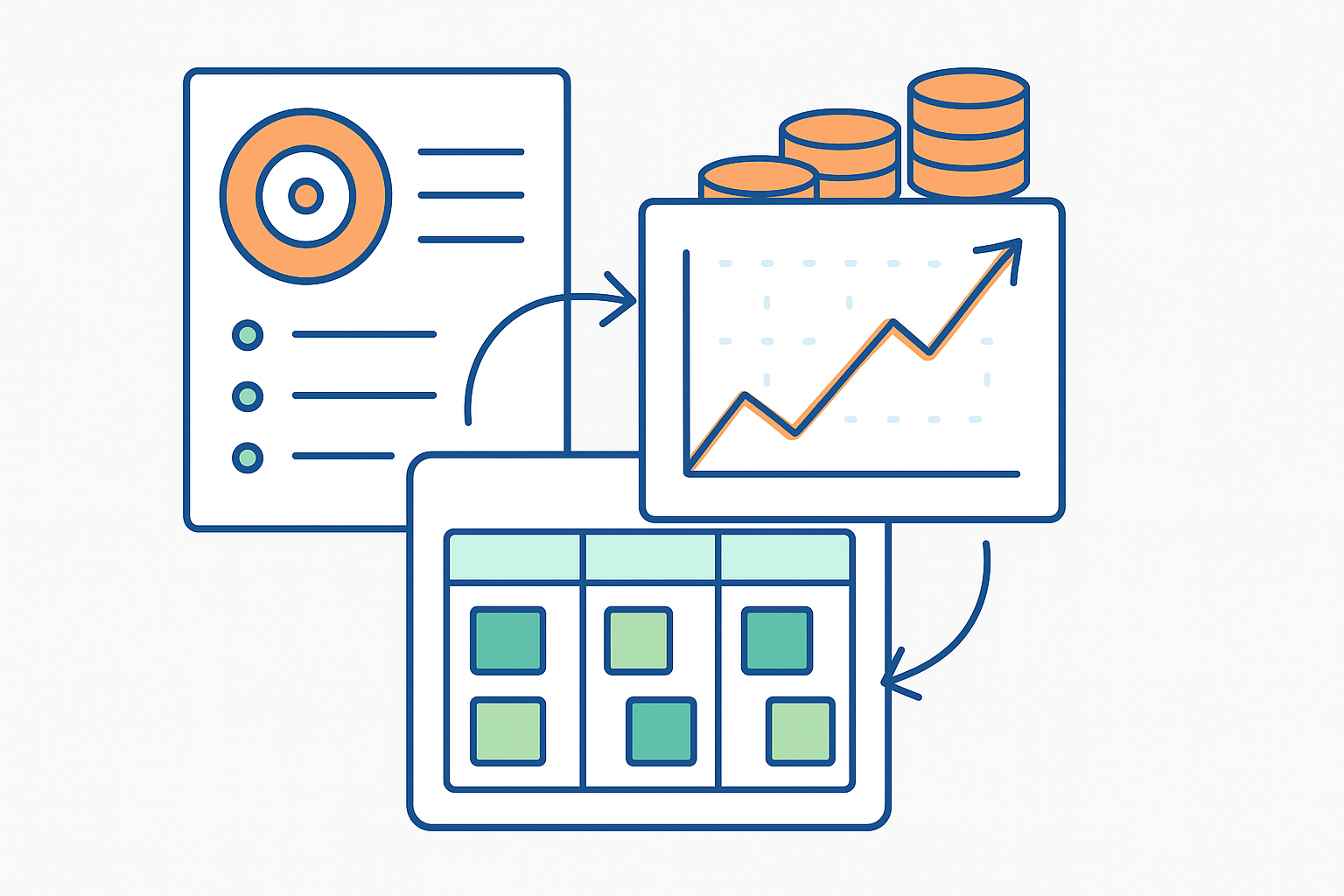 Illustration représentant le Lean Portfolio Management : un document de planification stratégique, un graphique de performance financière en hausse et un tableau Kanban interconnectés par des flèches pour symboliser le lien entre stratégie, valeur et exécution.